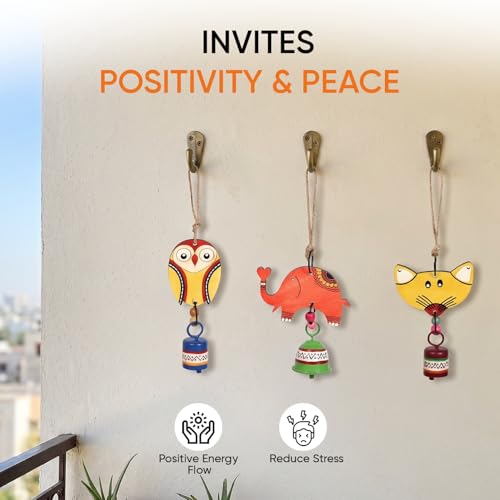 Image of Aakriti Art Creations Niyo Trio Wooden Animal Hanging Bells Set of 3 | Handmade Modern Art Wooden & Metal Wind Chimes | Indoor & Outdoor Hanging for Balcony, Garden, Living Room & Gifting
