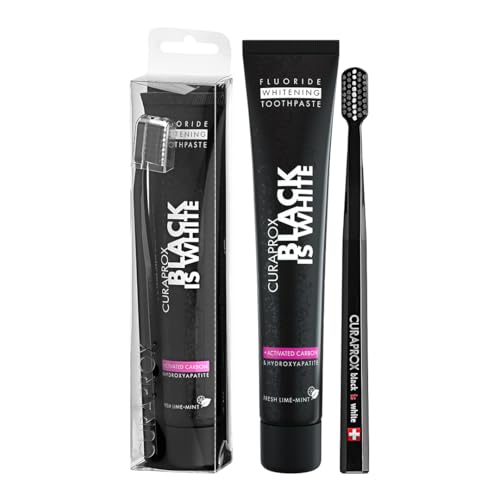 Curaprox Set de blanqueamiento dental adultos/Pasta de dientes de carbón activado y cepillo de dientes suave/pasta de dientes de 90 ml + cepillo negro/Hecho en Suiza