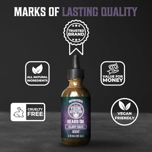 Image of Viking Revolution Beard Oil with Clary Sage for Men - Natural Blend with Argan and Jojoba Oils for Softening, Strengthening, and Moisturizing