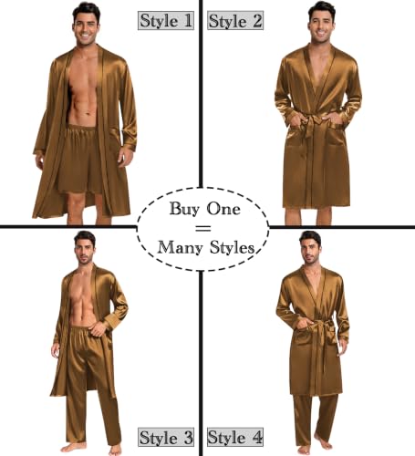 Image of SWOMOG Mens 3 PCS Satin Robe with Pants & Shorts Set Kimono Bathrobe Long Sleeve Sleepwear Pjs Sets with Pockets