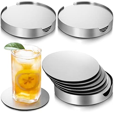 Hiceeden 18 Pack 4 Inch Stainless Steel Coasters, Round Silver Modern Coasters with 3 Holder, Rubber Foam Anti-Slip Bottom Coasters for Outdoor, Kitchen, Bar Cover
