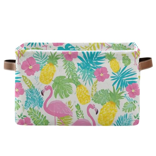 Image of Aslsiy Storage Basket Summer Flamingo Hibiscus Nursery Bins Tropical Leaf Pineapple Baby Box Canvas Clothes Shelf Basket Laundry Hamper Gift Basket for Home Closet 1 Pcs
