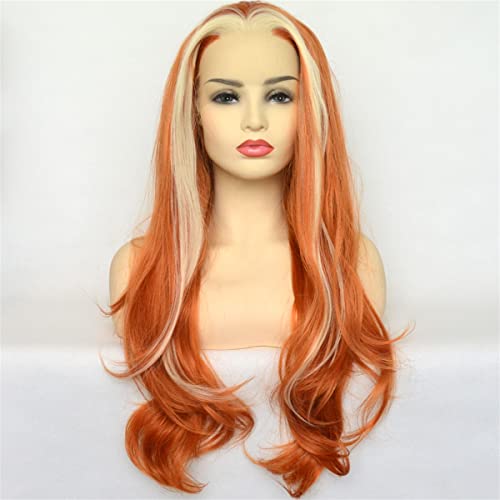 Perruque lace front wig orange blonde longue vague synthétique pour femme