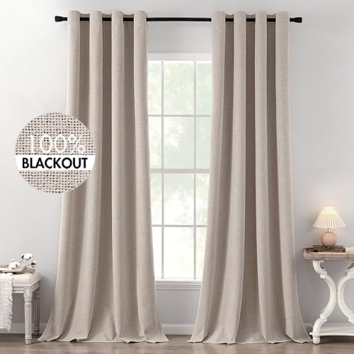 Image of MIULEE Linen Texture Curtains for Bedroom Solid 100% Blackout Thermal Insulated Khaki Curtains Grommet Room Darkening Curtains /Draperies for Living Room 52x120 Inch (2 Panels)