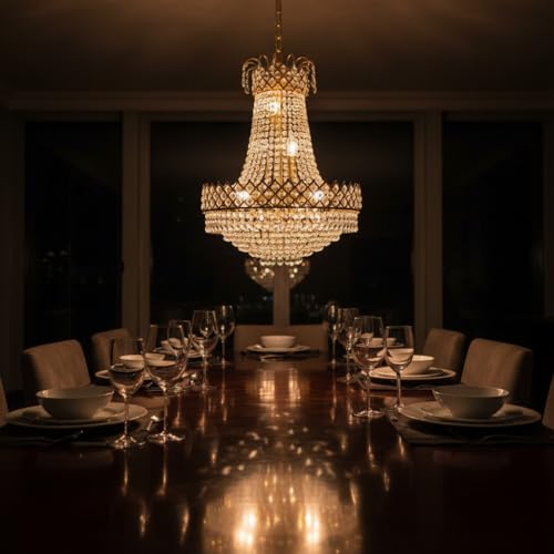 Image of DREAMY DESIGNS Round Shape Italian Golden Chandelier for Living Room with S4 Diamond Cut White Crystal | Celling Hanging Big Size Jhumar for Hall, Office & Resort | Included E14 8 Bulb(48 * 48 * 98)