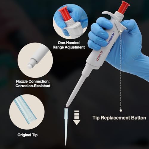 Image of 4E's USA Lab 100-1000μL Pipette: Single-Channel Adjustable Micropipette 0.1-1mL with Color-Coded Top (Red), 4 Digit Display, Universal Tip Cone, ISO 8655 Calibrated & Lower Part Autoclavable