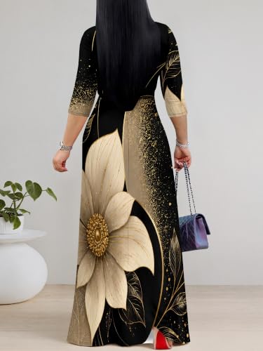 Image of Women's V Neck Floral Maxi Dress 3 /4 Sleeve Plus Size Boho Wrap Flowy Long Dresses with Belt