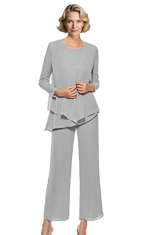 Botong Women's Silver 3 Pc Chiffon Mother Of The Bride Pants Suit Dressy Pantsuit For Wedding Guest Outfit 12