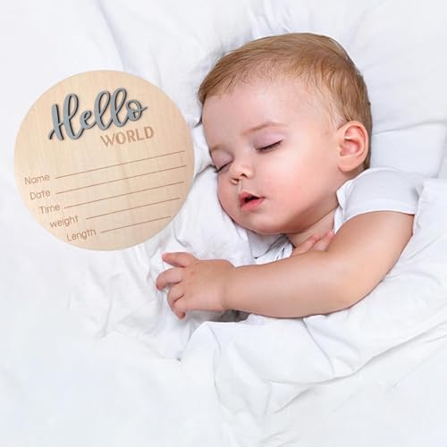 Image of Baby Announcement Sign, 5.9 Inch Wooden Hello World Newborn Signs, Birth Announcement Sign, Baby Shower Hospital Nursery for Newborn Boys and Girls (Gray)