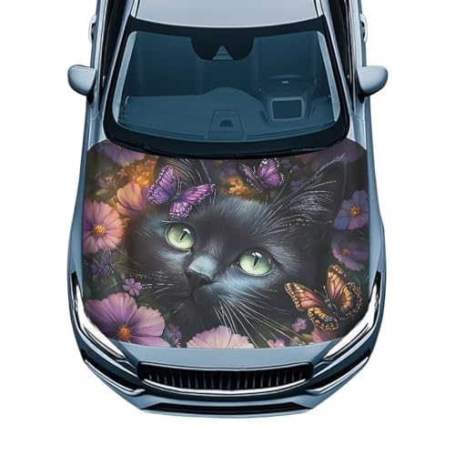 Image of Car Hood Cover Protector,Dust-Proof Soft Comfortable Print Hood Covers for Cars,Universal Accessories for Decoration Black Cat Butterfly Pattern Design