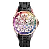 OBLVLO Orologio automatico con quadrante impreziosito da cristalli di lusso, display della data, lunetta in pietra baguette, cinturino in gomma FM-DSL, Fm-dsl-ygbr, Meccanico, a carica automatica