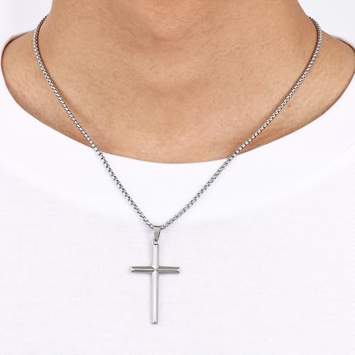 Fiusem Beveled Edge Cross Necklace for Men, Silver Tone/Black/14K Gold Plated Mens Cross Necklace, 2.5MM Stainless Steel Box Chain with Pendant2