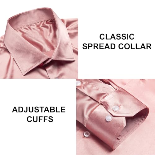 Image of Hi-Tie Men's Silk Satin Dress Shirts Long Sleeve Shiny Casual Button Up Shirts Luxury Party Disco Prom Wedding Shirt