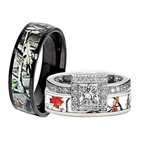 His and Hers Camo Wedding Ring Sets - Black and White Camo - Wedding Rings - Camo Engagement Ring - Cubic Zirconia Wedding Sets - Cz Engagement Rings - Camo Wedding Bands Set