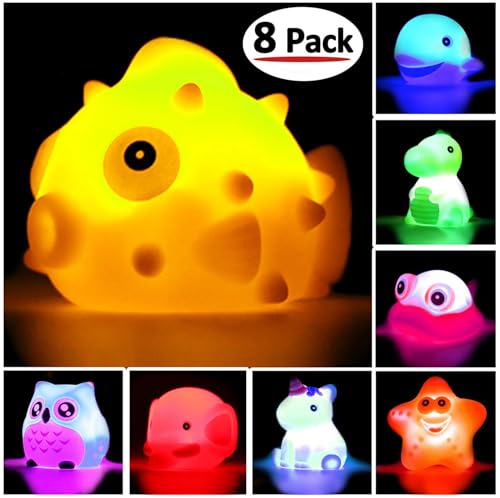 Image of Bath Toys, 8 Pcs Light Up Floating Rubber Animal Toys Set, Flashing Color Changing Light in Water, Baby Infants Kids Toddler Child Preschool Bathtub Bathroom Shower Games Swimming Pool Party