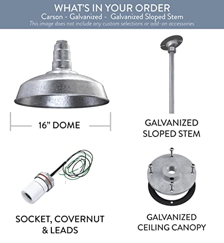 Steel Lighting Co. Carson Barn Light | Ceiling Mounted Pendant | 16 Inch Dome | 12 Inch Sloped Stem | Industrial Style Steel Light Made In America | Galvanized Exterior/Galvanized Interior #TOP5