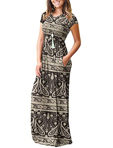 Image of MISFAY Women's Short Sleeve Maxi Dresses Long Casual Dresses with Pockets | Empire Elastic Waist, Crew Neck, Floor Length, Strentchy Flowy A Line Fit, Loose Plain Summer Outfits, Vacation Wear