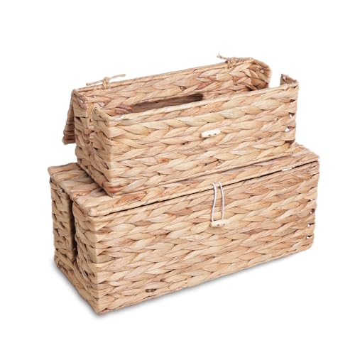 Cable Management Box, Handwoven Water Hyacinth Cable Organizer Box Set, 2-Pack Natural Water Hyacinth Cord Hider Box with Dual Openings & Lid - Hide Power Strips, Cords for Desk/Floor/Office
