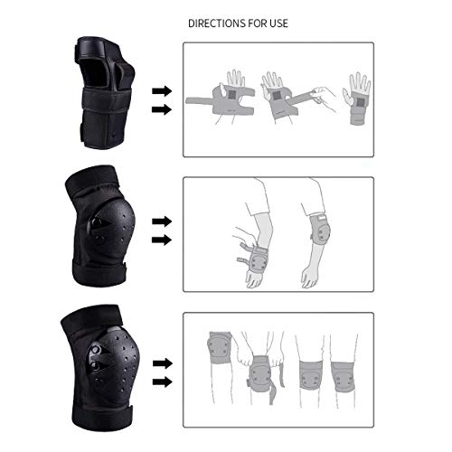 Qisa Adults Knee and Elbow Pads with Wrist Guards Protective Gear Set (Black, Medium)