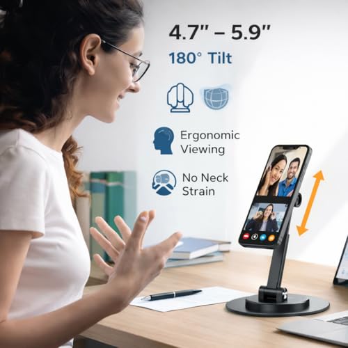 Image of Mizi Magnetic Phone Stand for MagSafe - Adjustable Height & 360 Rotating iPhone Desk Holder Compatible with iPhone 17 /16 /15 /14 /13 /12, Galaxy Series & MagSafe Cases - Black