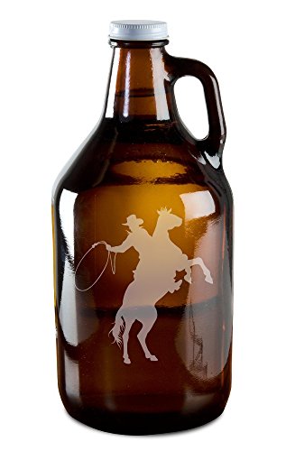 Cowboy Riding Horse Hand-Made Etched Glass Beer Growler 64 oz