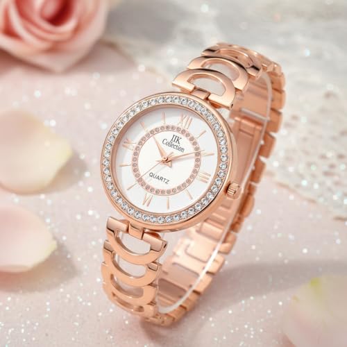 Image of IIK COLLECTION Watches for Women Round Studded Dial |Analogue Quartz Movemnet Ladies Watch|Long Battery Life|Stainless Steel Adjustable Bracelet Chain Strap|Double Lock Clasp Safety Watches for Girls