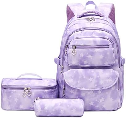Tanou Backpacks for Girls 3PCs with Lunch Bag Pen Case, Lightweight Breathable Teens Girl Bookbags Sets for Primary Middle School, 22 Liters Cute Back Pack for Teenager 4+ Years, Purple Star