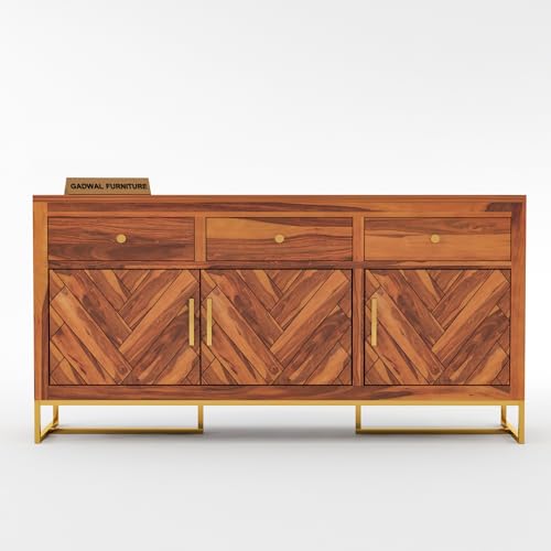 Image of Solid Sheesham Wood Wooden Sideboard & Chest of Drawer with 3 Drawers and 3-Door Storage (Jett, Honey Finish)