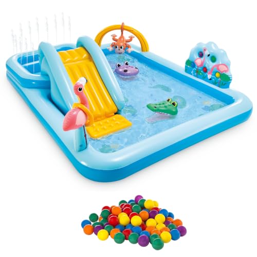 Intex 96 x 78 x 28 Ft Inflatable Jungle Adventure Play Center Spray Kiddie Pool & Small Plastic Multi-Colored Fun Ballz for Ball Pit, 100 Pack