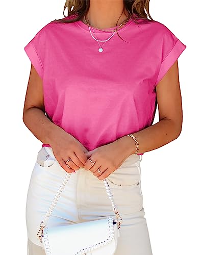 Image of Tankaneo Womens Short Sleeve Cropped T-Shirts Summer Rolled Dolman Sleeve Crop Tops Casual Round Neck Solid Short Basic Tees