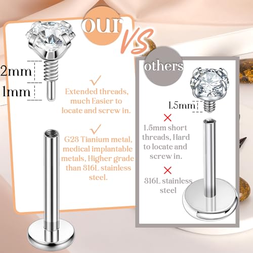 PunkTracker 16g/18g/20g Titanium Internal Thread CZ Stud Piercing Jewelry for Tragus Nose Helix Medusa Lip Labret - Helix Tragus Cartilage Earring for Women Men 3PCS2