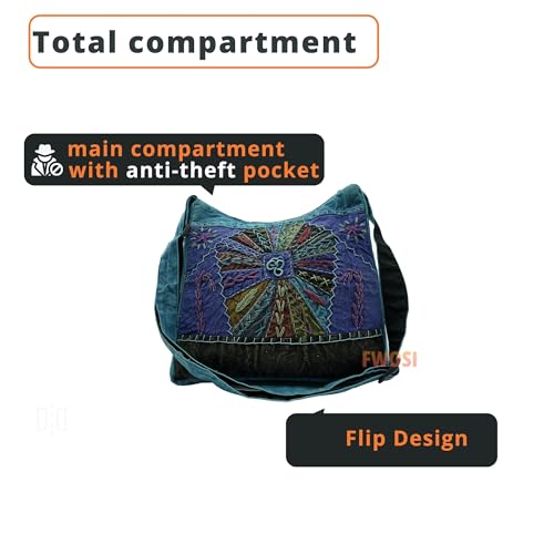 Cotton Crossbody Messenger Bag, Handmade Boho Design, 12 x 11 x 3 inches, 60-inch Strap, Purple and Teal3