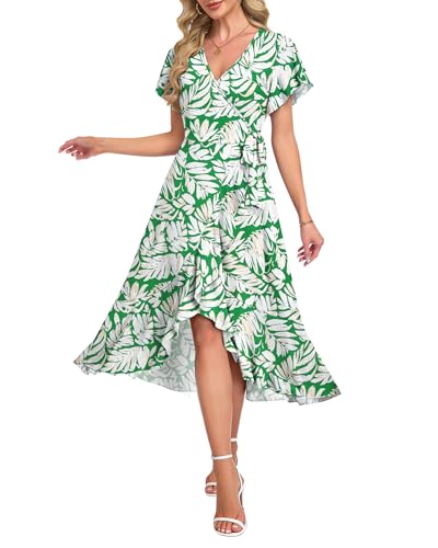 Image of AUSELILY Women Summer Midi Dresses Wrap Short Flutter Sleeve Elegant Dress | High Slit,High-waisted,Ruffled Hem,V-Neck,Fixed-strap Design,Skin-Friendly,Breathability,Wedding Guest Dresses