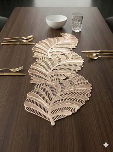 Image of Dakshya Industries Waterproof PVC Dining Table Placemats Set of 7 | Leaf Shape Heat Resistant Table Mats with Decorative Runner
