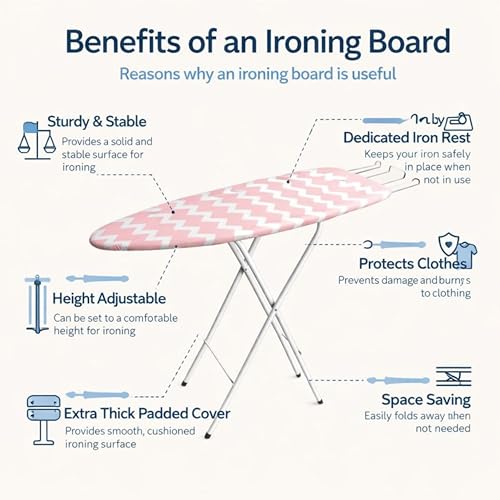 Image of JIALTO Vertical Ironing Board with 16 mm Metal Bracket, Adjustable Height Stand, Pure Cotton Cloth Cover, Foldable Iron Board for Home (Pink, A0-1 - 111 L X 30 W CM)