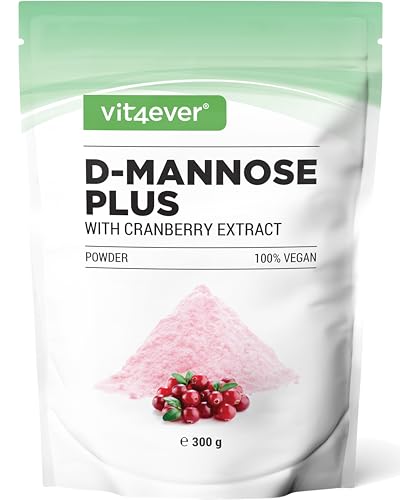 vit4ever D-Mannose Pulver mit Cranberry Extrakt - hochdosiert mit 2000 mg D-Mannose & 500 mg Cranberry - 300 g Pulver - 120 Anwendungen - vegan