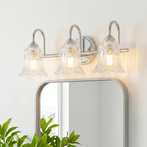 Image of Bathroom Light Fixtures Over Mirror, 3 Lights Vanity Lights with Flower Glass Shade, 18.9 inch Chrome Vintage Bathroom Light Fixtures for Bedroom, Porch, Hotel, Mirror Cabinet