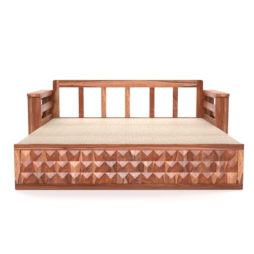 Image of Mamta Furniture Solid Sheesham Wood Sofa Set 3 Seater Furniture Wooden 3 Seater Sofa Cums Bed for Home Living Room with Cushions (Honey with Cream, 3 Seater Design 2)
