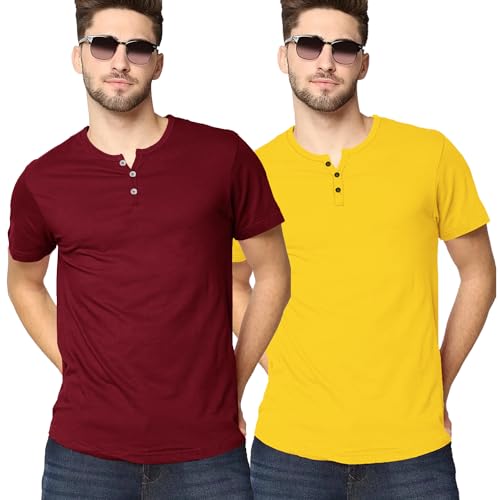 Image of LAZYCHUNKS Henley Neck Men's Cotton Half Plain Sleeves Slim Fit T-Shirt | Round Neck Men's Tshirt | Solid Colors | Summer Wear | - Multicolor