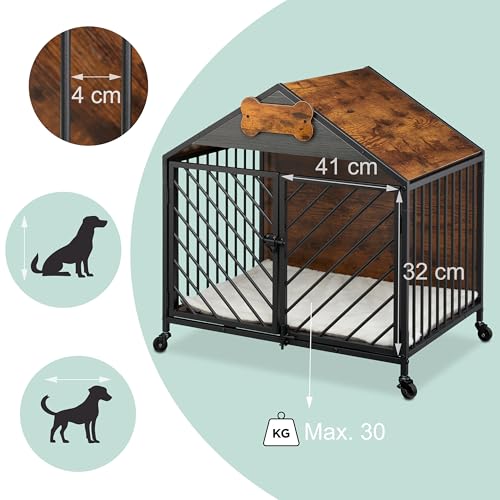 Relaxdays Hundekäfig für Zuhause, Industrial, HBT 73x70x53 cm, Hundemöbel mit Rollen, Zwinger, MDF, Stahl, braun/schwarz