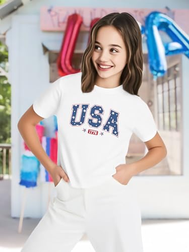 Image of VVNTY Girls American Flag Crop Tops Kids USA Crop Shirt Patriotic 4th of July Tops 5-14 Years