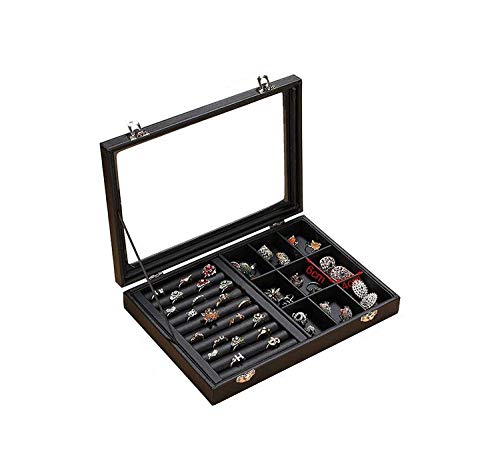 Image of BucketList Women's Velvet Glass Ring Earrings Jewelry Box - Display Storage Showcase Holder Organizer (9 Grid 9 Rows Black)