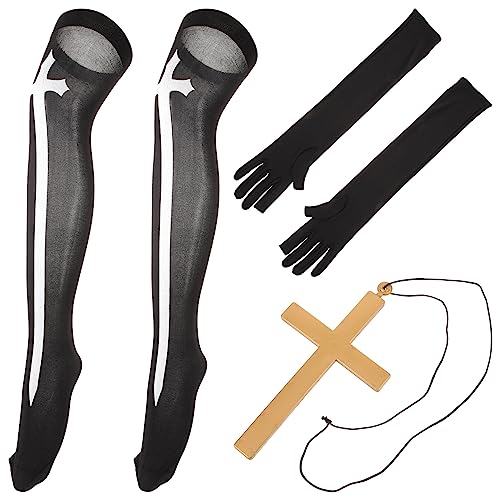 PRETYZOOM Nonnenkostüm-Set Mit Halskette Mit Kreuzanhänger Handschuhen Kniehohen Socken Für Halloween Cosplay Karneval Mottoparty
