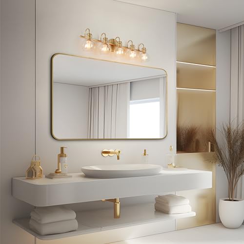 Image of KSANA Bathroom Vanity Light, 5-Light Large Gold Wall Light Fixtures, Modern Vanity Lights Over Mirror with Globe Clear Glass Shades