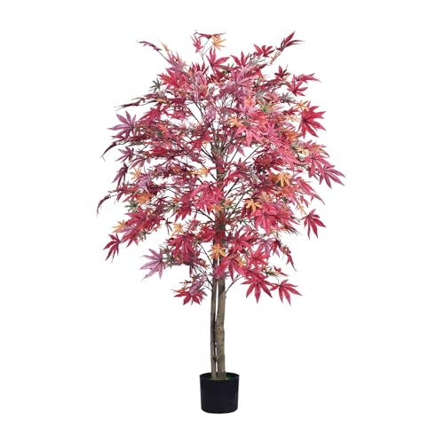 HAIHONG Artificial Tree-4FT Artificial Red Maple Tree-Fake Potted Tree with Silk Leaves-Tall...