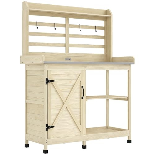 Outsunny Outdoor Wooden Potting Bench Table, Garden Workstation with Storage Cabinet, Storage Shelves for Backyard, Patio, Balcony, Natural