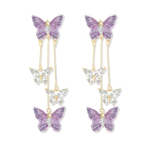 Butterfly Earrings for Women Sparkle Purple Butterfly Earrings For Girls Crystal Long Tassel Dangle Drop Purple Earrings for Singer Fans Concent Costume Outfits Jewelry Gifts