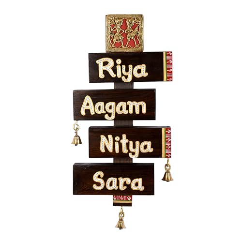 Image of Aakriti Art Creations Family Stack Handcrafted Dhokra Brass Art Solid Wood Nameplate for Home Entrance | Door Name Plate for Home | Customized Name Plate for Home | Name Plate for House