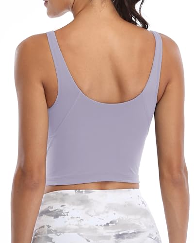 Image of Oalka Sports Bra Womens Longline Padded Crop Yoga Tank Tops | Built in Bras, Workout, Athletic, Fitness, Super Soft, Comfort, Cropped Top, Removable Pads, Heart Neckline For Women