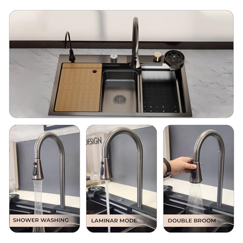 Image of Kitchen Sink | 30x18x9 Inch Waterfall Sink for Kitchen | 304 Grade Stainless Steel Basin with Honeycomb Black Finish Design Waterfall Integrated Pull Down Faucet